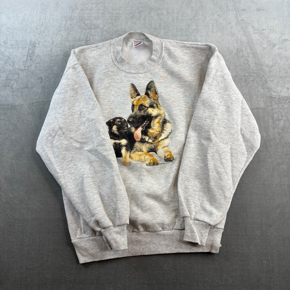 Vintage Jerzees German Shepherd Puppy Animal Sweatshirt Grey Made in USA Large